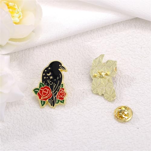 Image of Black Crow Pins Set Cute Christmas Kawaii Bird Backpack Brooch Pins Rose Flower Lapel Pin Aesthetic Badges for Women Men Clothing Bags Art Lapel Jackets Hats DIY Accessories Gift