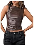 Milumia Women's Faux Leather Tank Top Shirt Ruched Fitted Going Out Tops Brown