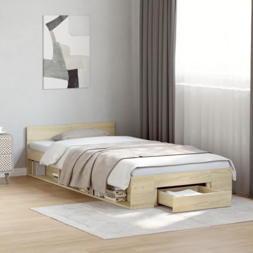 Massbinet Bettgestell mit Schublade Sonoma-Eiche 100x200 cm Holzwerkstoff Holz Schwebebett mit Kopfteil und Bett mit Stauraum Modern Doppelbett mit...
