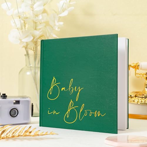 Image of Calculs Baby in Bloom Baby Shower Guest Book, Green | 8.5-inch square hardcover keepsake book, 32 blank sheets for messages and instant photos, pen included