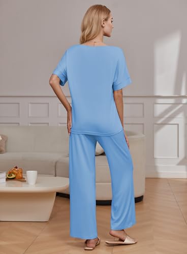 Image of Ekouaer Pajama Sets for Women 2 Piece Lounge Set Short Sleeve Tops and Long Pants Soft Comfy Pjs Sleepwear Outfits S-XXL
