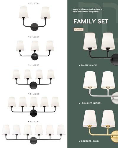 Image of 2-Light Bathroom Vanity Light Fixtures in Matte Black Finish, Modern Bedside Wall Sconces with Flared White Fabric Shade for Bathroom, Hallway, Living Room, Kitchen, VL837-MB-2