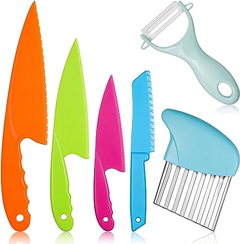 CKKAPTURE 6Pcs Kids Plastic Knives Set with Slicing Knife & Paring Knife - Child Safety Kitchen Knives in 4 Sizes for Vegetables, Fruits, and Salad (BPA-Free, Non-Slip Handle)