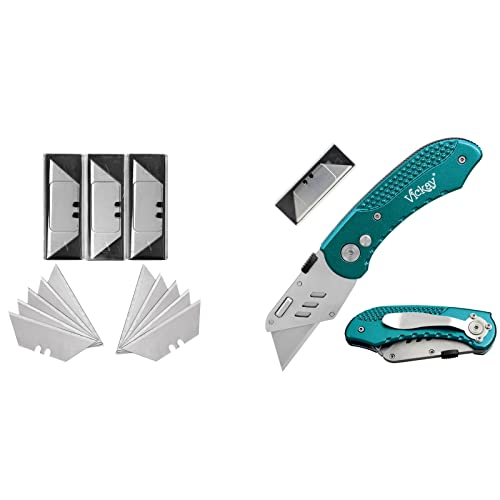 Green Utility Knife Heavy Duty Folding Box Cutter With 35 Sk5 Quick Change Blades, Safety Axis Lock Design Razor Knife, Lightweight Aluminum Body Belt Clip For Office #TOP17