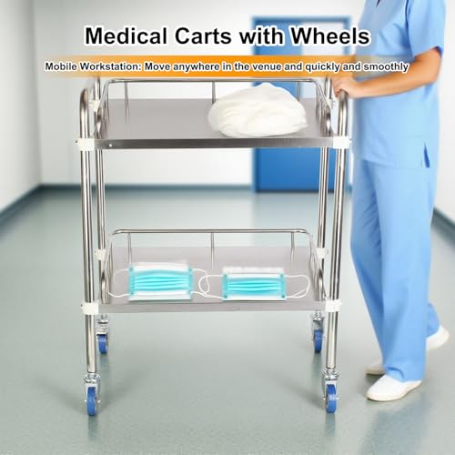 ybaymy Stainless Steel Cart with Wheels, Medical 2 Tier Utility Cart Lab Serving Trolley Clinic Trolley Cart Commercial Grade with Silent Lockable Wheels for Hospital, Restaurant, Kitchen