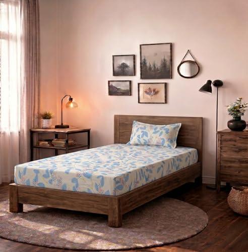 Image of HOMEKART (110 TC & 110 GSM 100% Cotton Feel Bedsheet for Single Bed with One King Size Pillow Covers Soft /Breathable Wrinkel Free -60x90 Inches - (Light Sky & pin)