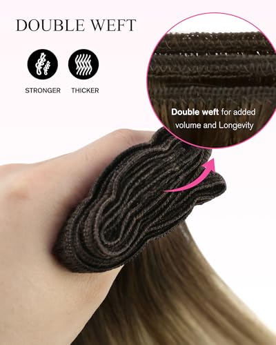 Image of YoungSee Sew in Hair Extensions Real Human Hair Ombre Hair Extensions Weft Dark Brown Roots to Medium Brown with Blonde Balayage Soft Hair Extension Sew in for Full Head 100G 18Inch