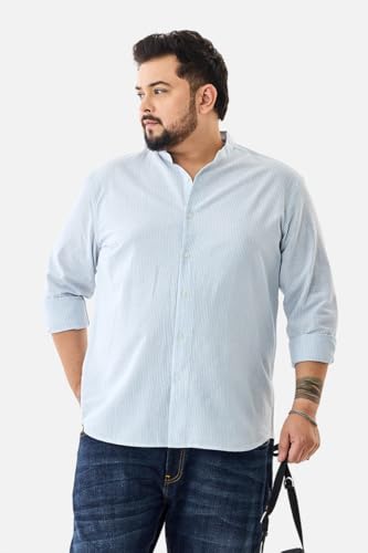 Image of SNITCH Men Casual Plus Size Shirt | Regular Fit Full Sleeve Mandarin Collar Striped Design | Premium Cotton Linen Blend & Breathable Fabric for Office & Everyday Wear