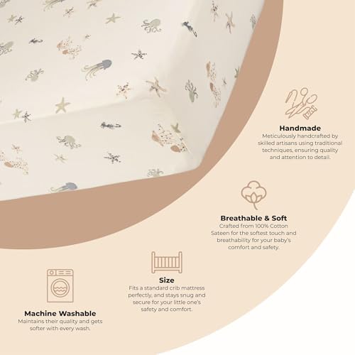 Crane Baby 100% Cotton Under The Sea Fitted Crib Sheet with Jellyfish Design, Neutral Crib Sheets, Fitted Toddler Sheet, 28" x 52" Standard Size Sea Life Crib Sheet