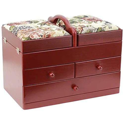 Classic Expanding Wood Sewing Box Basket Storage Caddy with tapestry padded lid, 2x3 Tiers with Easy Carrying Handle, Red by Generic - Used condition - US$46.54
