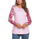 Miselon Women's Floral Print Tops Striped Raglan Patchwork Tees Casual Long Sleeve Shirts
