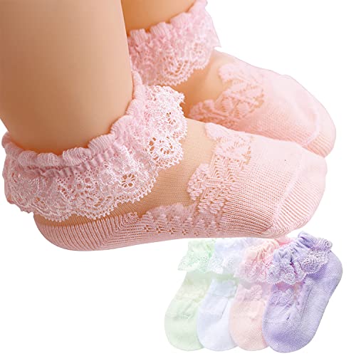 Image of Baby Girl Ruffle Socks - Toddler Dressy Eyelet Frilly Lace Socks with Ruffle