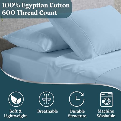 Split California King Sheets Set - 100% Egyptian Cotton, 600 Thread Count - 5 PCs, Split Cal King Sheets Sets for Adjustable Beds - Luxury Soft Hotel-Quality Sheets with Sateen Weave - Light Blue by SKY BEDDINGS - Image 2