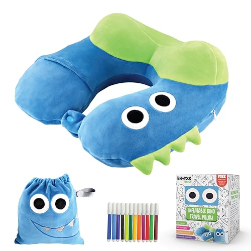 Image of REMAXX Inflatable Kids Travel Neck Pillow for Boys and Girls for Car Airplane Compact Washable Soft Cozy Quick Inflation Camel Head Design with Included Carrybag with Free Sketch for Coloring the Box