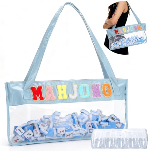 Vodolo Clear Mahjong Tile Bag with Zipper,Personalized Waterproof Travel Empty Mah jong Carrying Tote Bag with Dice Storage Box,Mahjong Accessories Must Haves Majiang Gift