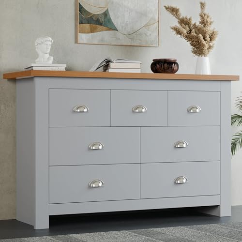 Blisswood Chest of Drawers, 4+3 Drawer for Bedroom Furniture Storage Cabinet Unit with Oak Top, MDF Wood Sideboard Chest for Living Room, Wardrobe or Hallway (Grey/Oak 35D x 111.5W x 81H cm)