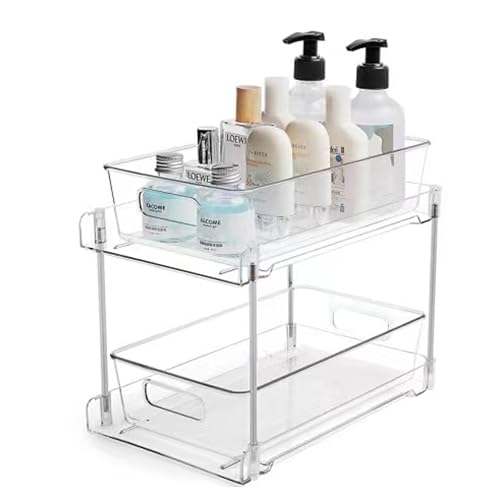 Bigingjia Under Sink Storage Organizer, 2-Tier Pull Out Clear Kitchen and Bathroom Storage Shelf, Multifunction Cupboard Organizer for Snacks, Spices, Medicine, and Cosmetics