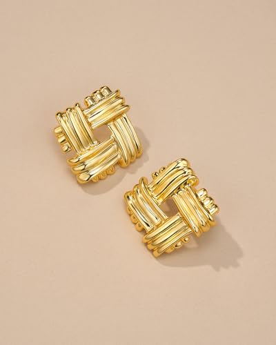 Gold Chunky Square Statement Earrings for Women by SNGIA, Medium Geometric Handmade Trendy Stud Ribbed Jewelry Gifts, Rectangle Textured Minimalist Huggies Fashion Button Accessories, Vintage Thick Rectangular Nickle Free Huggie Earring.4