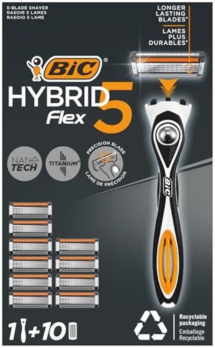 BIC Hybrid 5 Flex Maquinilla Recargable para Hombre, 1 Mango con Contrapeso y Recambios de Hojas Móviles Recubiertas de Titanio con Nanotecnología - Pack de 1+10