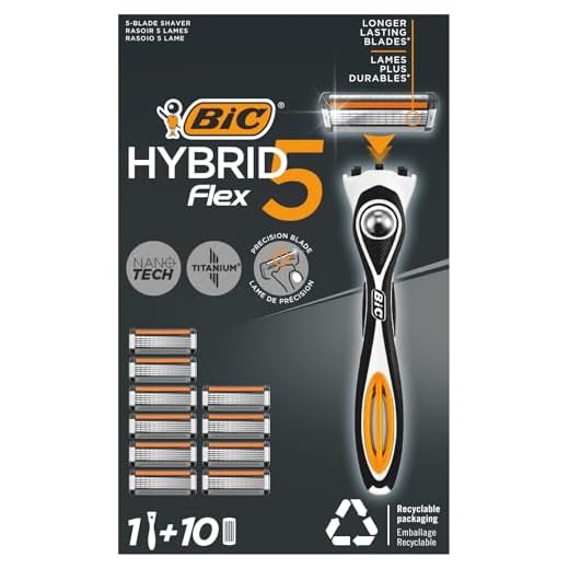 BIC Hybrid 5 Flex Maquinilla Recargable para Hombre, 1 Mango con Contrapeso y Recambios de Hojas Móviles Recubiertas de Titanio con Nanotecnología - Pack de 1+10