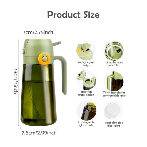 Olive Oil Spray Bottle 16oz/470ml, 2-in-1 Oil Dispenser & Mister Light-Blocking Glass, Side-Flip Snap Sprayer for BBQ, Kitchen, Cooking (Green) - Image 3