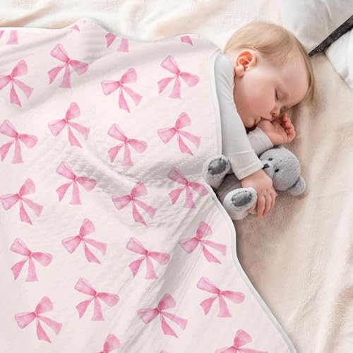 Image of Pink Bow Baby Blanket Cotton Cozy Throw Blanket Warm Nursery Swaddle Receiving Toddler Blankets 30 inch x 40