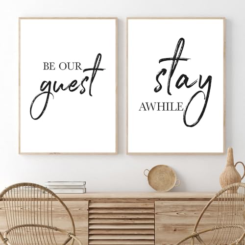 LUHDFYS Be Our Guest Sign Wall Decor Modern Canvas Prints Black and White Posters And Prints for Living Room Wall Decor Minimalist Wall Art Stay Awhile Signs for Home Decor Unframed