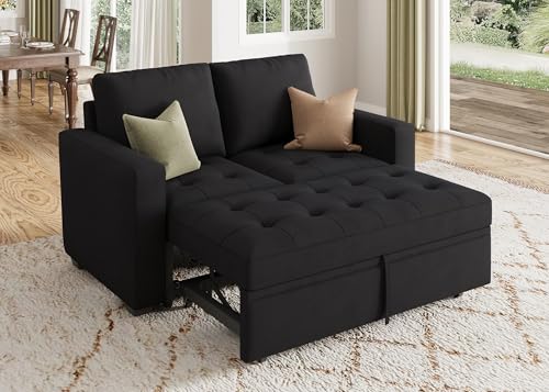 Image of HONBAY Modular Sleeper Sofa with Pull Out Bed Sleeper Loveseat Convertible Sectional Couches for Living Room,Velvet Black