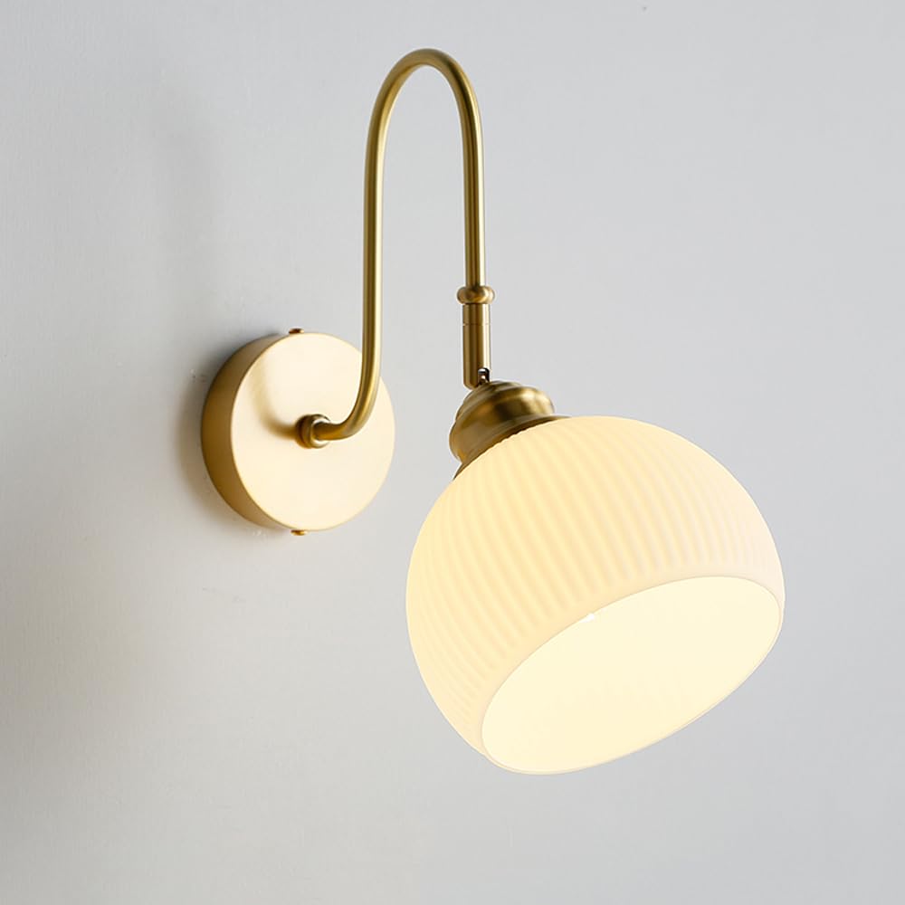 Lampe De Lecture Murale Vintage Réglable Abat-Jour Verre Blanc Lait