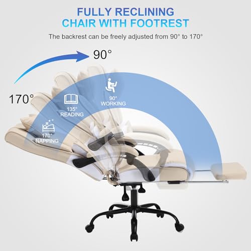 Image of Fully Reclining Office Chair with Foot Rest, Ergonomic Executive Office Desk Chair with Lumbar Support and Headrest, 170 Reclining Recliner High Back Home Leather Computer Chair, Beige
