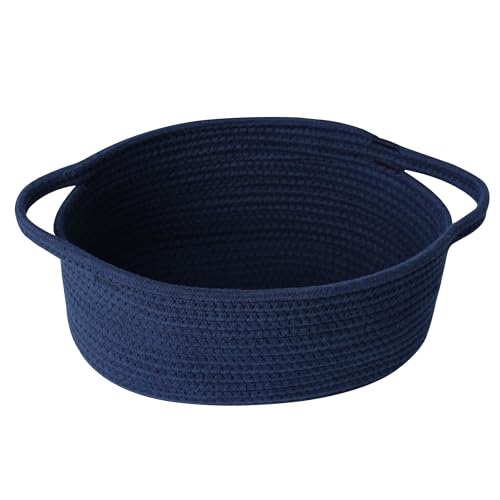 Image of Small Blue Gift Basket, Woven Baskets for Gifts Empty, Cotton Rope Cat Dog Toy Bin Box, Wicker Basket with Handles, Baby Nursery Shelf Storage Basket for Home Decor, Navy Blue, 12 inchx 8 inchx 5 inch