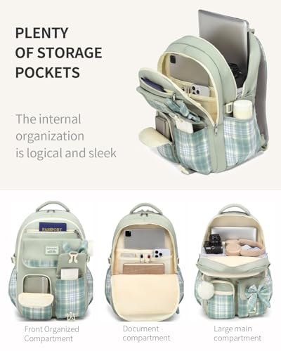 Image of Backpack for School Girls, 3Pcs Kids Cute Bookbag with Lunch Box Pencil Pouch, Student Pack Fits 15.6 Inch Laptop for Teens bag for Kindergarten Elementary Preschool Middle School, Green Tartan