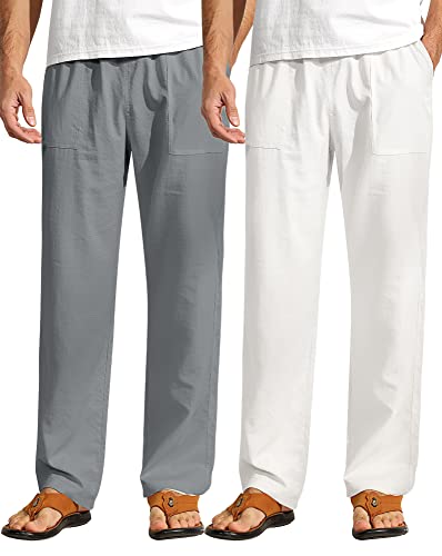 Ficerd 2 Pcs Men's Drawstring Linen Pants Men Casual Beach Trousers With Pocket Lightweight Elastic Yoga Pant (White, Grey, Small) #TOP6
