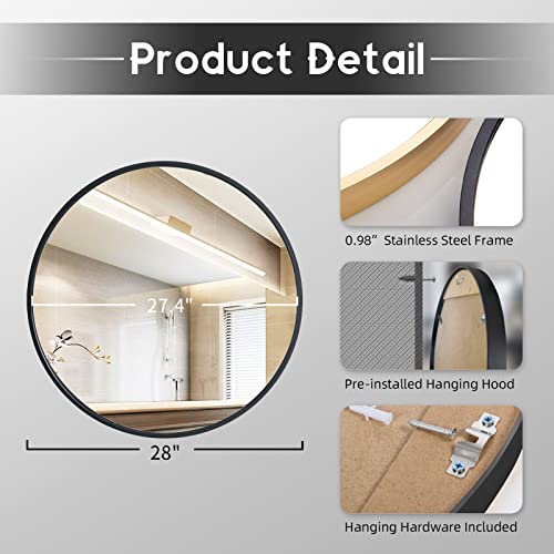 Image of LFT HUIMEI2Y Wall Circle Mirror - 28Inch Black Metal Frame Wall Mounted Circle Mirror for Bathroom, Living Room, Dining Room