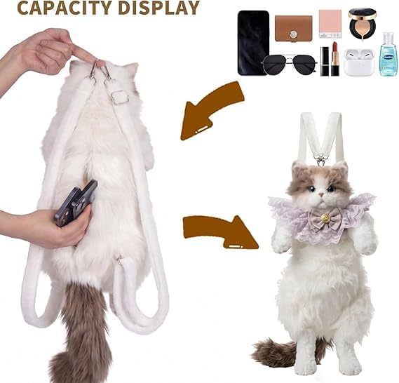 Image of Cute Realistic Cat Plush Backpack for Girls Women Kids, Stuffed Animal Kitty Bag with Meow Sound, Adjustable Shoulder & Crossbody Straps, Backpack for Travel School College