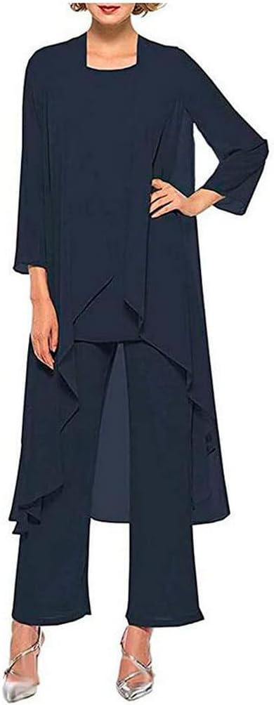 Women's Chiffon Pants Suits 3 Pieces Mother of The Bride Wedding Party Outfit Evening Dress