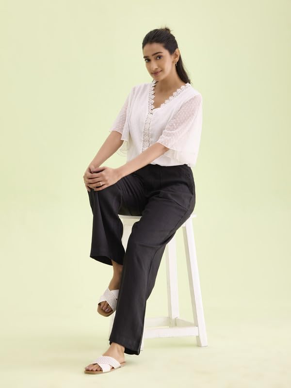 Image of GO COLORS Solid Linen Cargo Pants for Women | Full Length, Mid Rise, Side Pockets