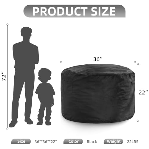 Image of Hobestluk Large Bean Bag Chairs 3FT Big BeanBags for Adults Bedroom Chair | Memory Foam,Removable Cover,Velvet Fabric,Storage Pocket,Handle,Breathable Lounge Chair for Bedroom Study Room | Black 3FT