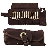 Brown Leather Roll Up Tool Pouch with 12 Free Carving Chisels - Carving Tools - Carving Tool Kit - 14Pcs - Wood Carving Kit - Includes 12 Whittling Knives & Sharpening Stone