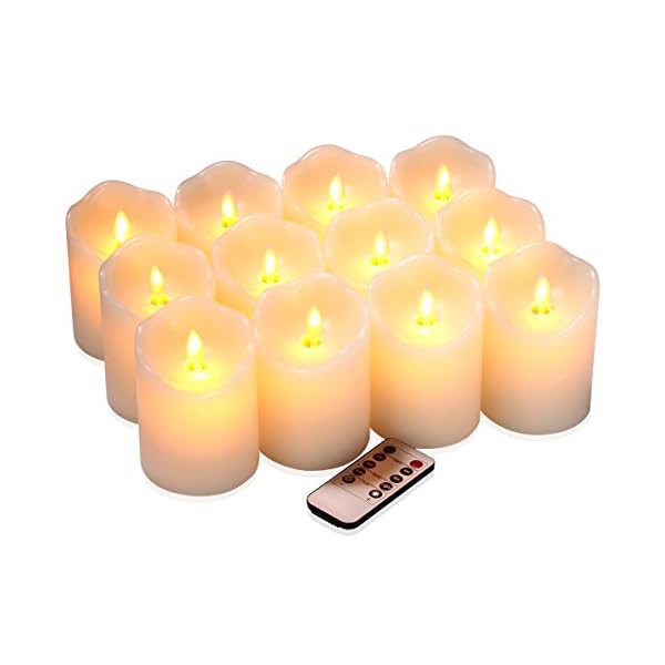 qinxiang flackernde LED-Kerzen, 12 Stück, Durchmesser 7,6 cm x Höhe 10,2 cm, elfenbeinfarbenes Echtwachs Stumpenkerzen…