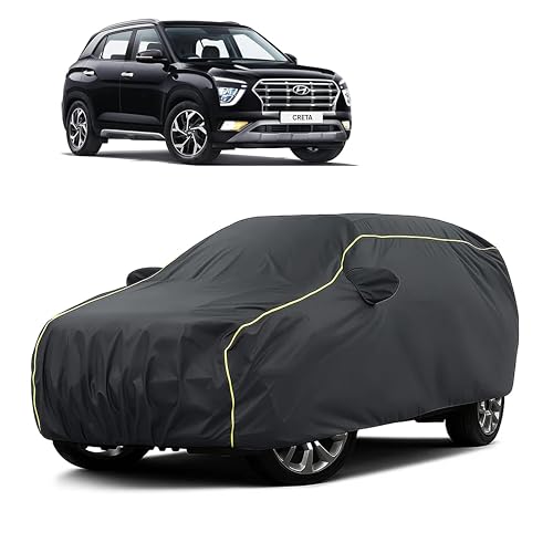 Image of Sulfar 100% Water Resistant Car Body Cover Compatible with Mirror for Hyundai Creta (Triple Stitched, Full Bottom Elastic, Dark Grey Taffeta with Yellow Piping)