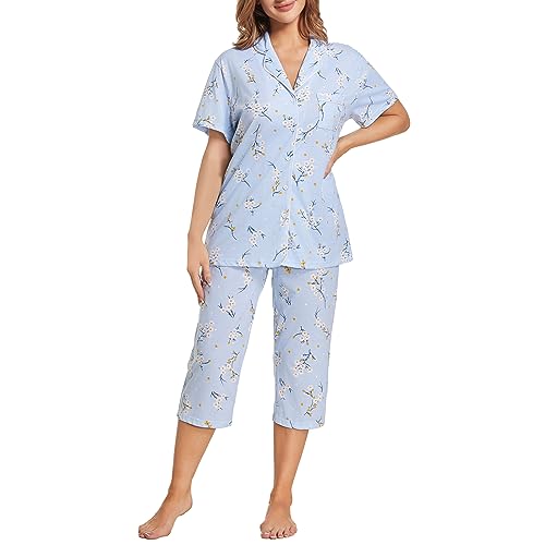 Image of Tugege Capri Pajamas Set Womens Button Down Short Sleeve Lounge Sets Sleepwear Notch Collar Top & Capri 2 Piece PJ Sets