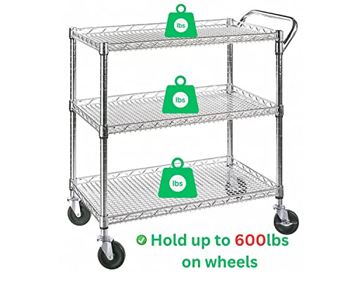 Heavy Duty 3 Tier Rolling Utility Cart Kitchen Cart On Wheels Metal Serving Cart Commercial Grade With Wire Shelving And Handle Bar For Kitchen Office Hardware #TOP4