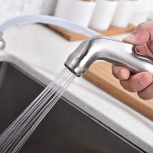 Modern Lead Free High Arc Swivel Spout Two Handle Side Sprayer Kitchen Faucet, Brushed Nickel Finished Kitchen Sink Faucet
