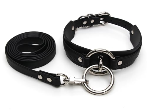 Lookook Fashion O-Ring Faux Leather Choker Necklaces Collar For Womens (Black Silver with Leash)