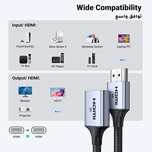 UGREEN 8K HDMI Extension Cable Adapter, HDMI 2.1 Male to Female Extender,8K@60Hz/4K@144Hz/2K@240Hz/1080P@240Hz,Compatible with Fire Stick,Xiaomi Stick,Roku Streaming Stick,PS5,TV,Bluray Player-0.15M