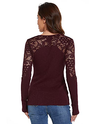 Image of AmelieBoutik Women Floral Lace Inset Lace Up Ribbed Long Sleeve Knit Top