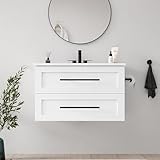IRONCK 30' Bathroom Vanity, Wall Mounted Bathroom Vanities with 1 Drawer and 1 Tip-Out Drawer, Modern Floating Bathroom Sink Cabinet with Undermount Ceramic Sink, Easy Assembly, White