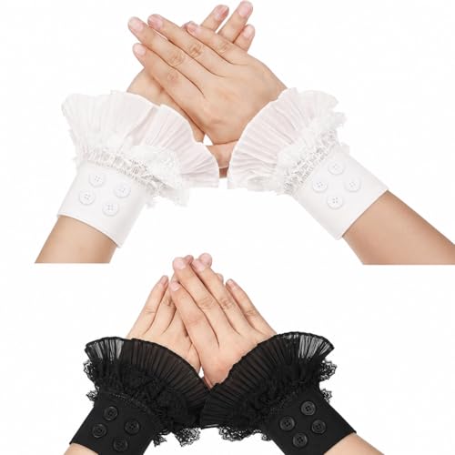 Chuarry 2 Pairs Lace Ruffle Wrist Cuffs Lolita Shirt Sleeves Victorian Gothic Clown Sleeves Accessories Retro Cosplay Renaissance Steampunk Masquerade Wrist Cuffs Costume