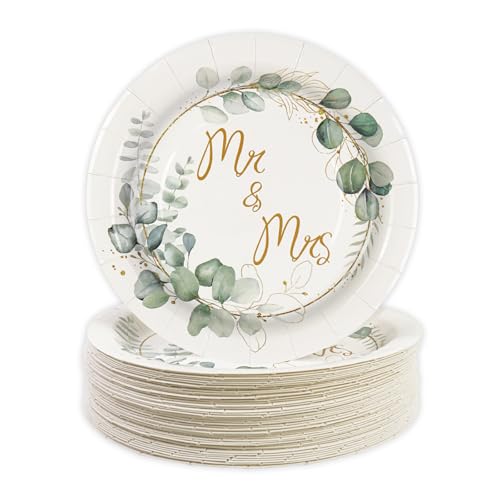 BOKFJBP 50pcs Wedding Paper Plates-Mr & Mrs 7in Round Disposable Paper Plates Dinner Dessert Green Plants Dinnerware for Wedding Engagement Bachelorette Party Supplies Table Decorations Serves 50